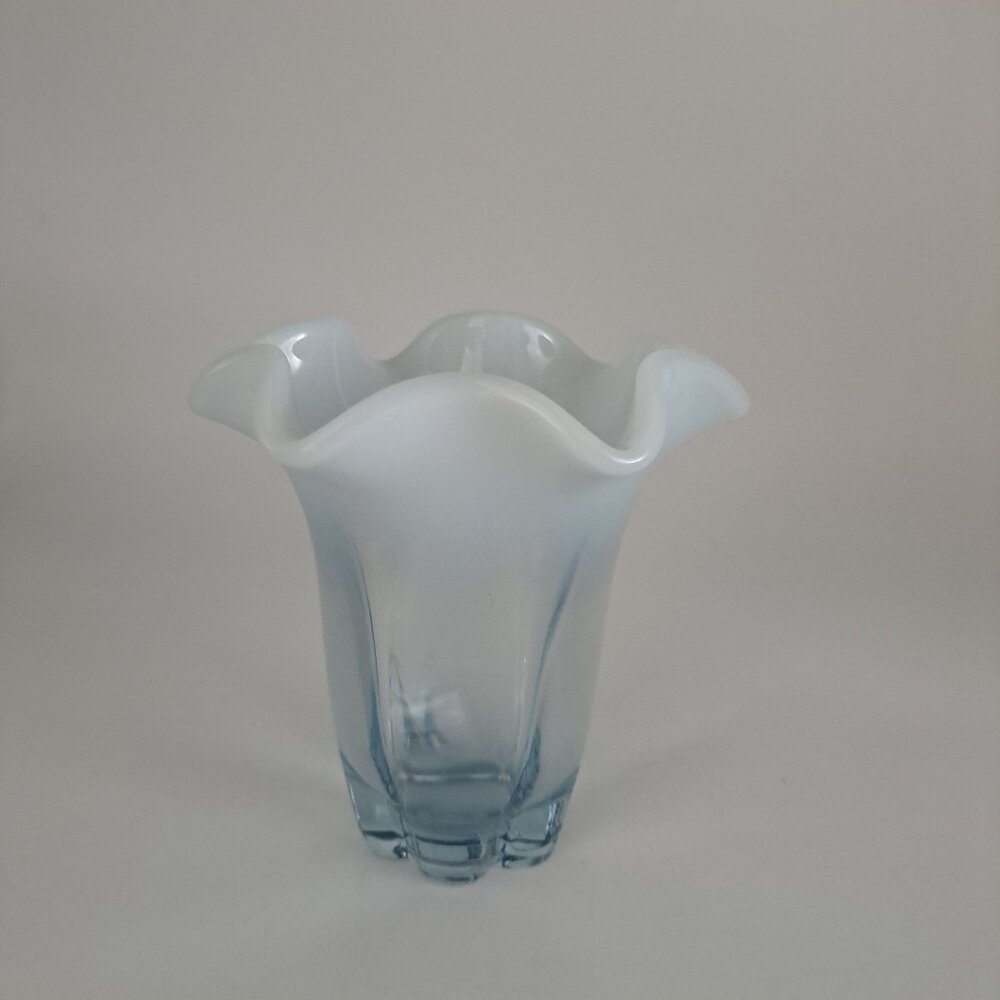 Duncan Miller Glass Canterbury Opalescent Blue Ruffled Rim Vase